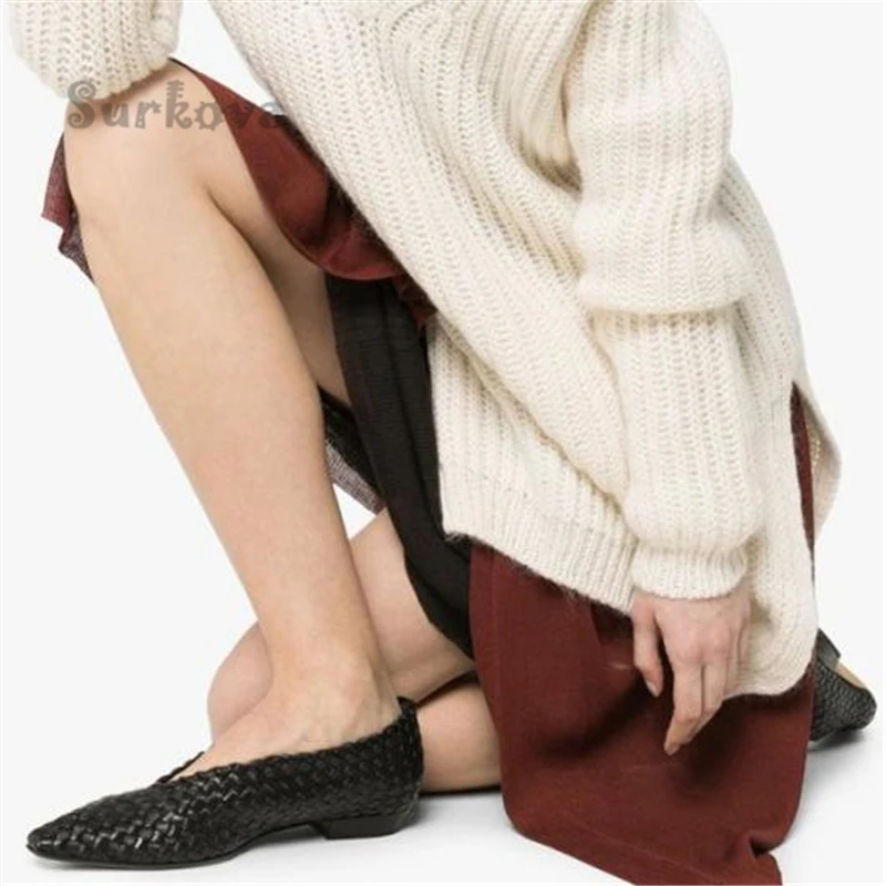 Woven Sheepskin Pumps Concise Pointed Toe High Heels Women's Shoes Comfortable Casual Mom's Kitten Heel Elegant Slip On Sandals