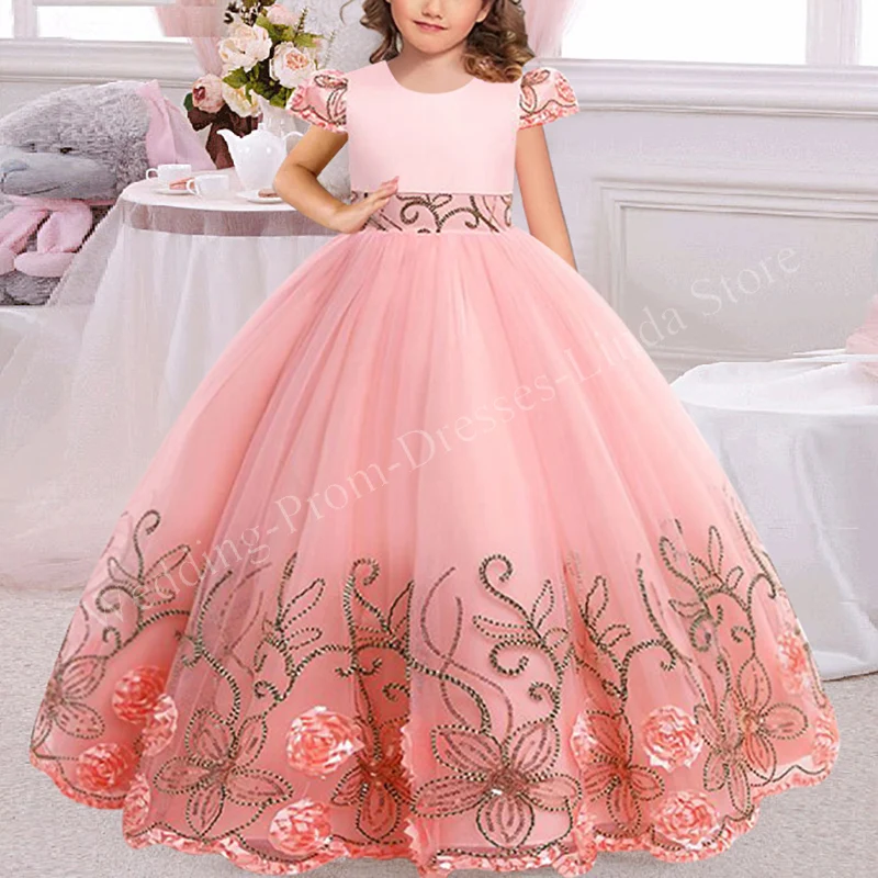 

Pink Flower Girl Dress for Wedding Party Tulle Appliques O-Neck Cap Sleeve Floor-Length Ball Gown Robe Princesse Fille Vestidos