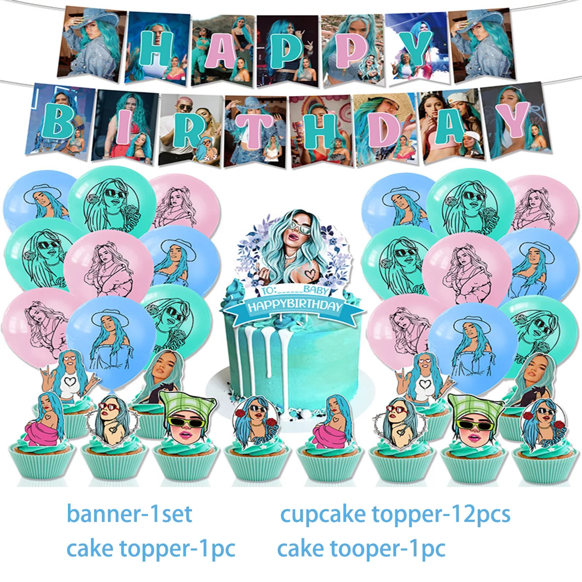 Karol G Theme Girl's Birthday Party Supplies Decoration Blue Lantex Balloon Banner Backdrop Cake Topper Kids Baby Shower Gifts