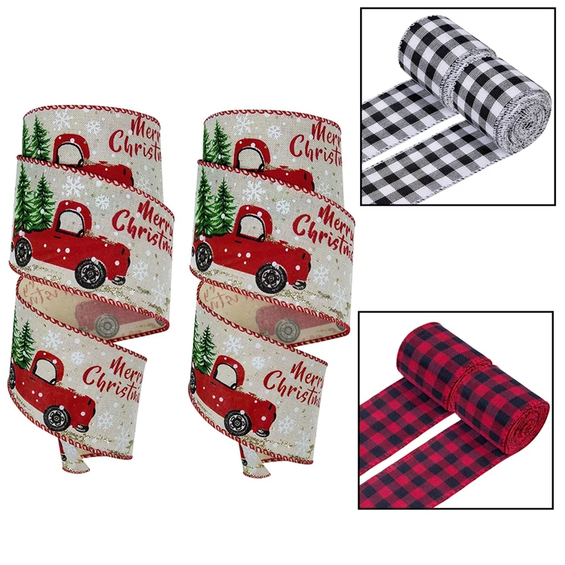 

2 Rolls Christmas Ribbon, Christmas Wired Burlap Ribbon For Gift Wrapping Wreath