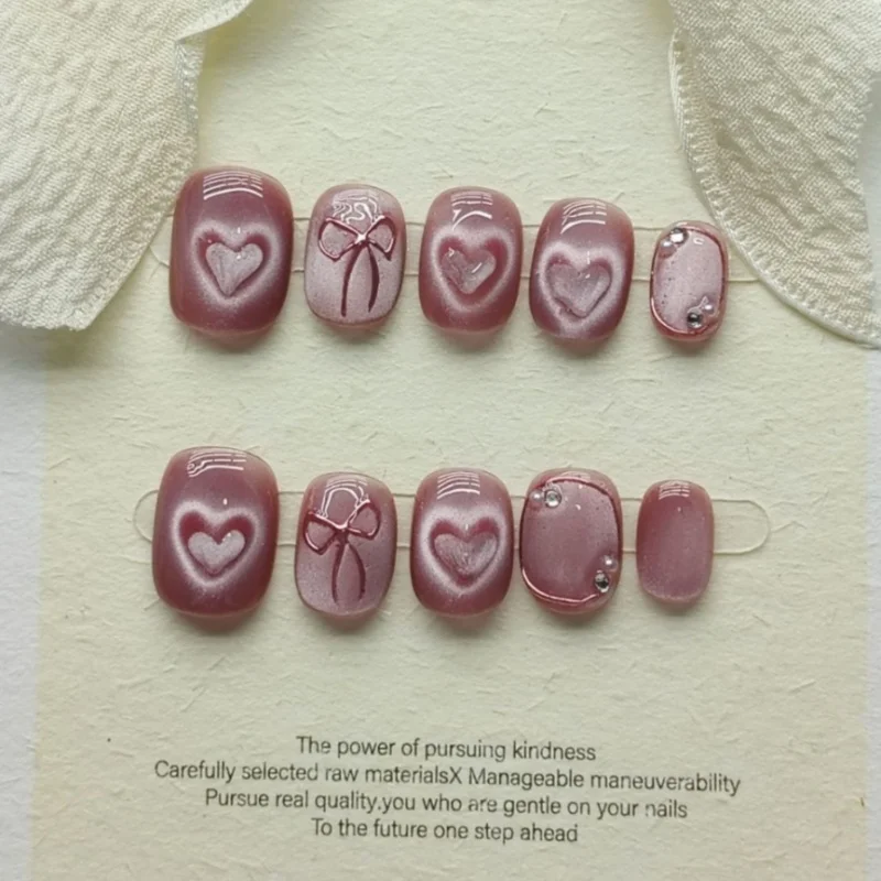 10 шт. розовые накладные ногти ручной работы с блестками кошачий глаз и сердечком