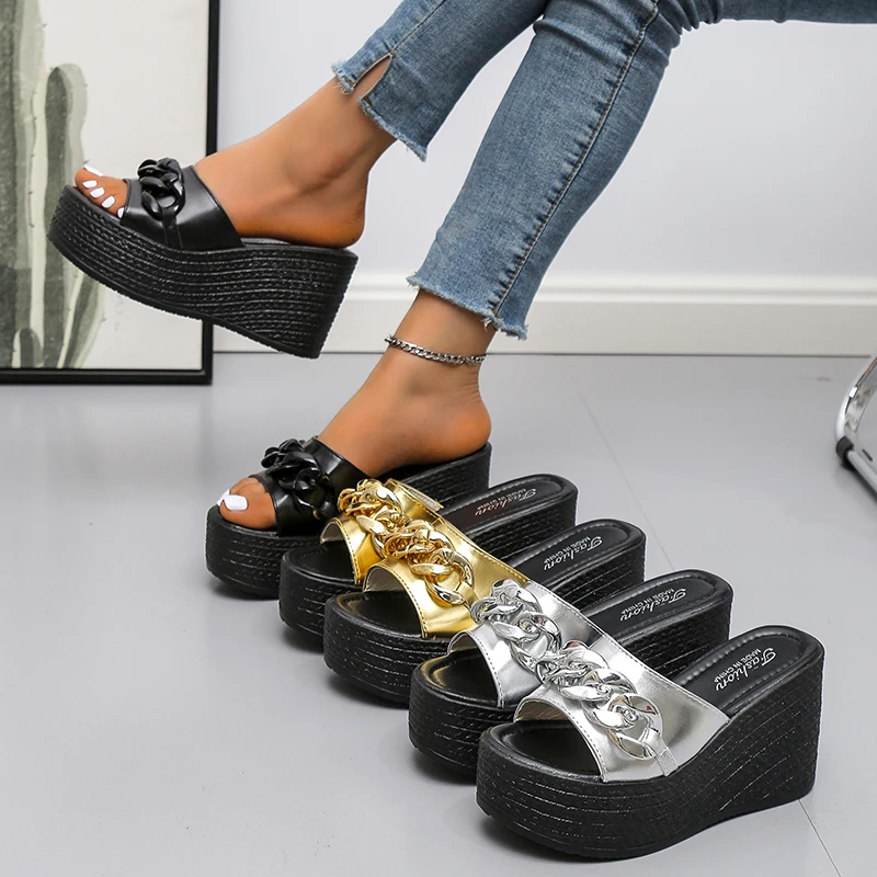 Platform Chain High Heels Slippers Women's Wedding Shoes Summer 2023 Casual Gold Silver Slides Ladies Beach Pantuflas De Mujer