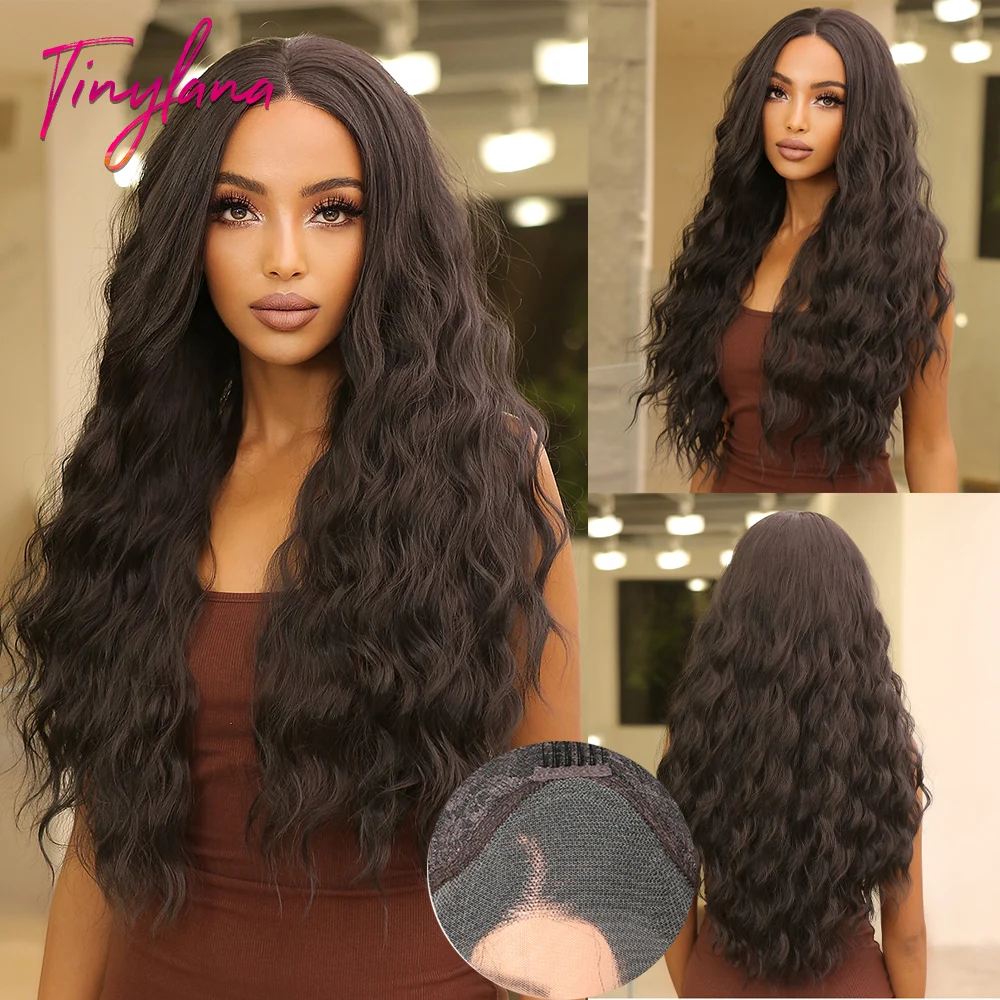 13x4Long Curly Wavy Lace Front Synthetic Wigs Dark Black Brown Deep Wave Lace Wigs for Black Women Natural Cosplay Futura Hair
