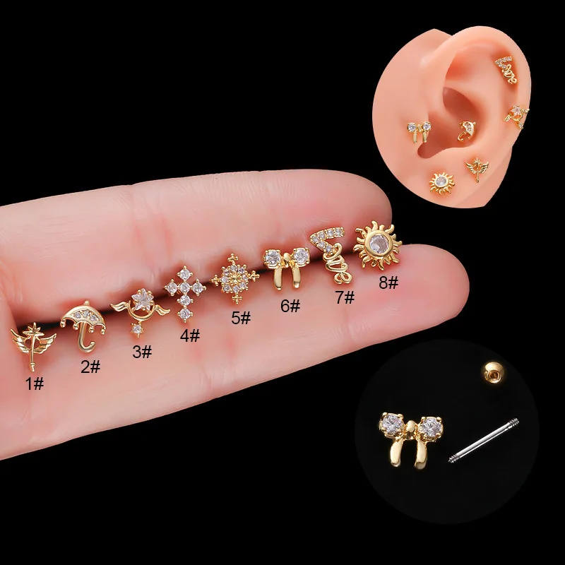 

1PC Stainless Steel Ear Piercing Stud Cz Cross Flower Cartilage Helix Conch Screw Back Earring For Woman