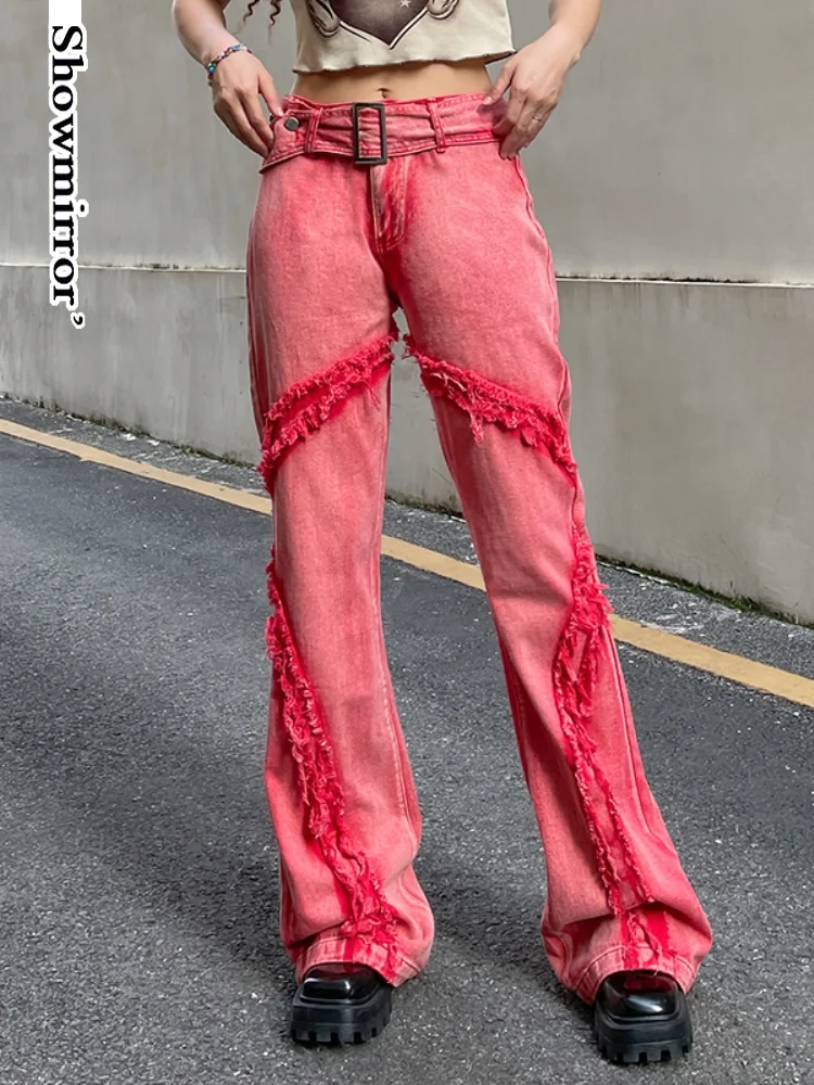 

ShowmirrorRed Washed Belt Low Waist Y2K Flared Jeans Woman Grunge Distressed Denim Trousers Vintage Casual Streetwear Pants 90s
