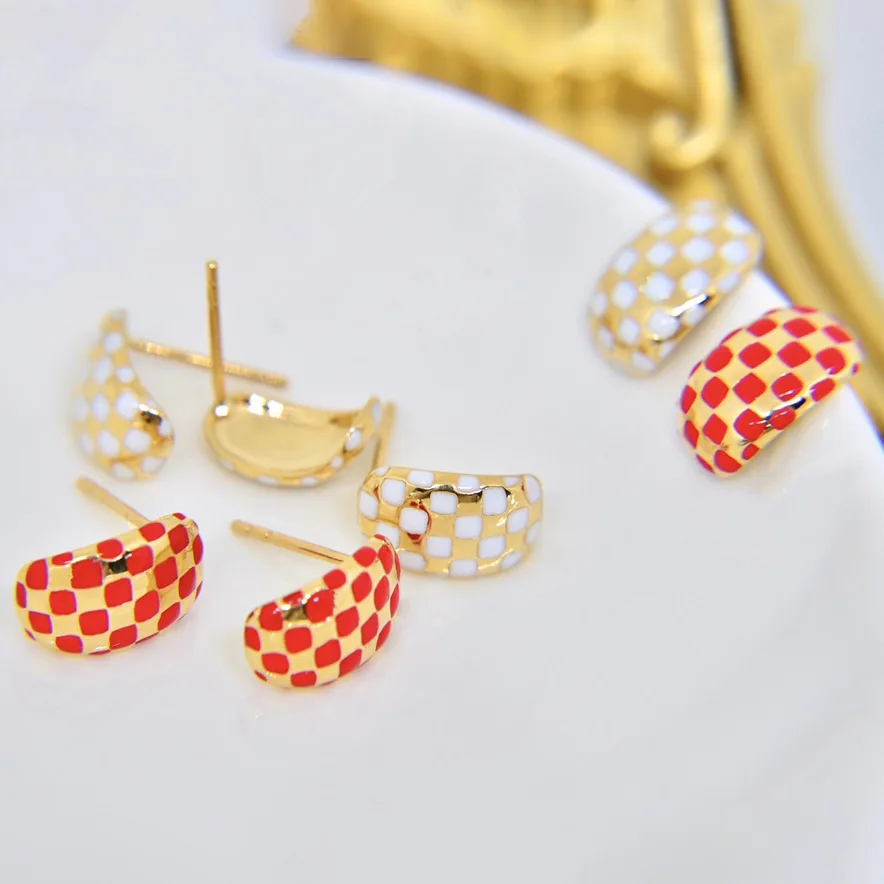 

Fashionable Checkerboard Earrings S925 Sterling Silver Gold Plated Earstuds Square Plaid Earrings Women's Silver Jewelry