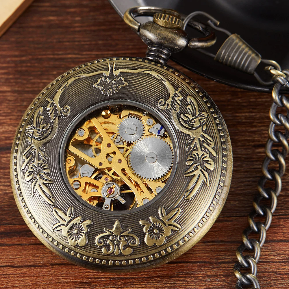 2022 Bronze Antique Mechanical Pocket Watch Hollowed Steampunk Case Pattern Carving Pendant Necklace reloj hombre Men Women