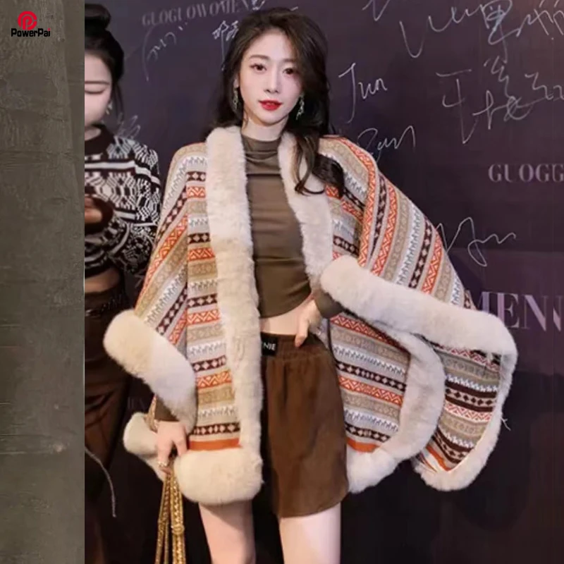 

Fashion Vintage Knit Jacquard Stripe Cape Coat Full Trim Faux Rex Rabbit Fur Cardigan Overcoat Women Fall Winter Cloak Long Warm
