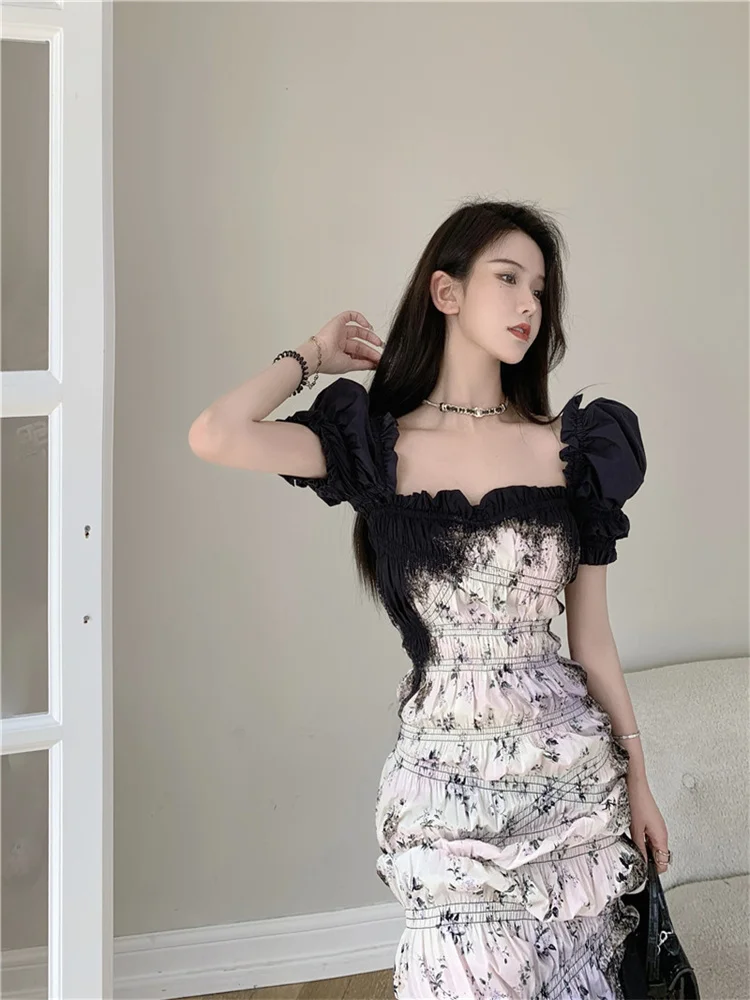 

Fashion Evening Party Dress Women's 2023 New Chic Retro Puff Sleeves Long Dress French Sqaure Collar Elastic Midi Summer dress