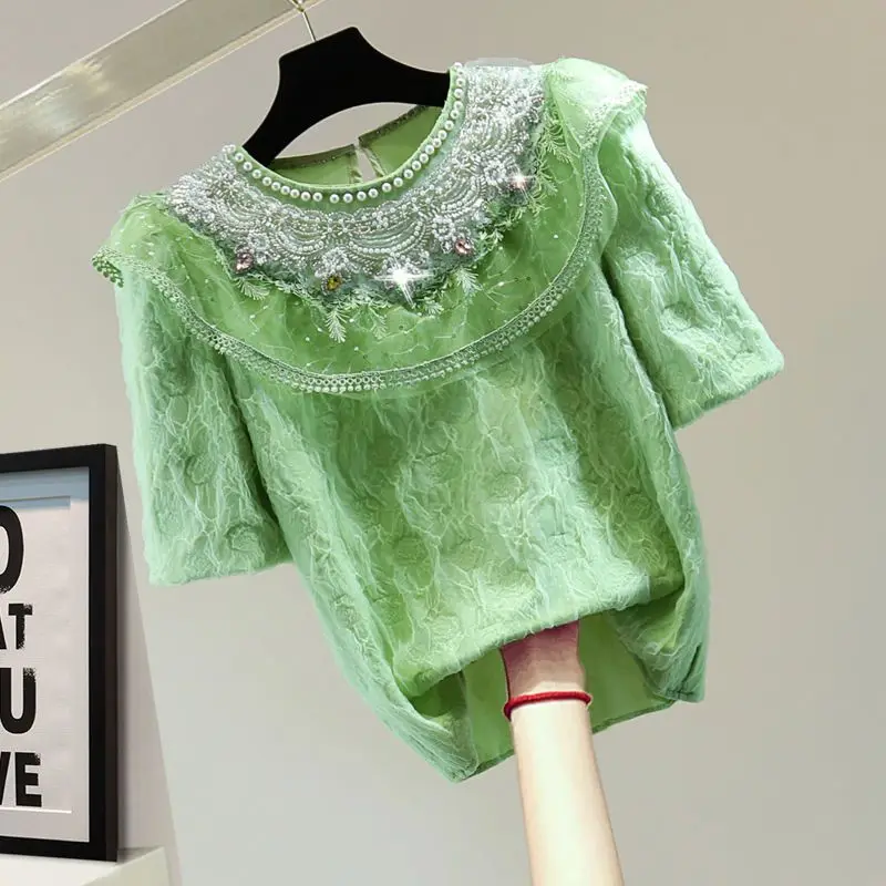 Neploe футболка с коротким рукавом буфами и блестками круглым вырезом Лето 2024