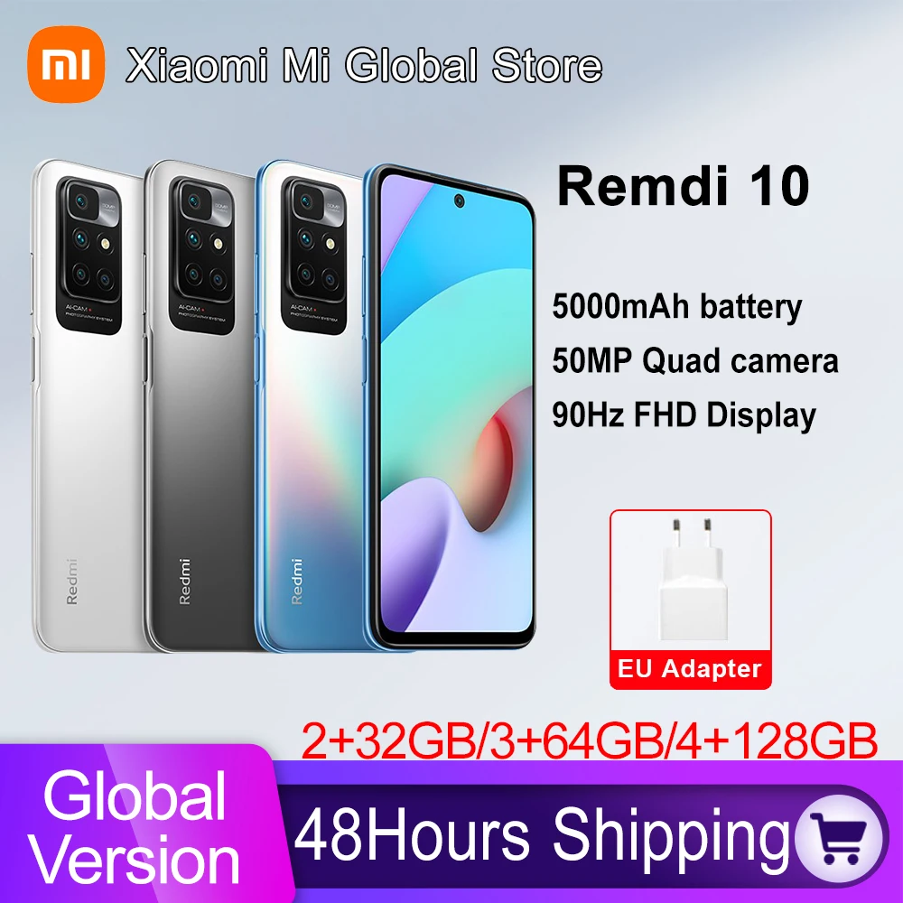 Global Version Xiaomi Redmi 10 Smartphone Helio G88 MediaTek Octa Core 50MP AI quad camera 90Hz FHD Display 5000mAh Battery