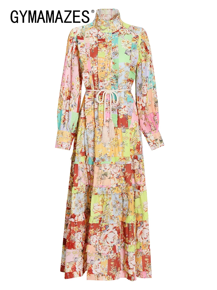 

GYMAMAZES Vintage Print Colorblock Midi Dress For Women Stand Collar Lantern Sleeve High Waist Long Dresses Female Clothing New
