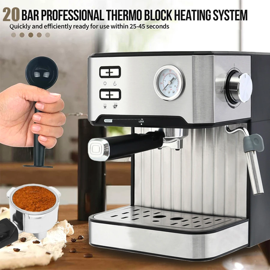 

15 Bar Cappuccino Coffee Maker with Foaming Milk Frother Wand for Espresso Machines, Latte Macchiato, 1.6L Removable Water Tank
