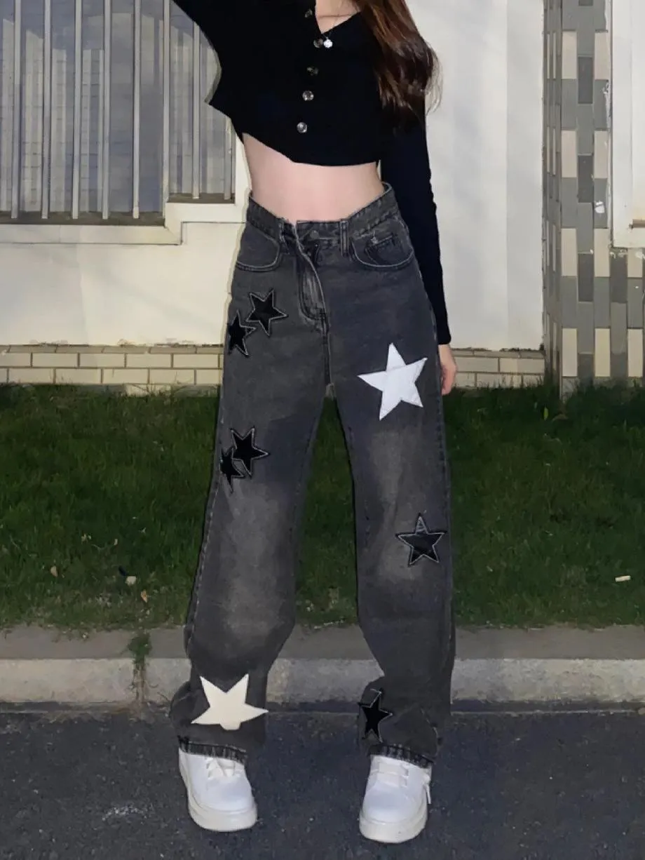 

Женские джинсовые брюки с широкими штанинами, повседневные Прямые брюки в стиле high street с заплатками в виде звезд, с дырками