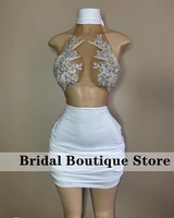 sexy white mermaid prom dresses 2022 halter see thru lace beads crystal mini cocktail graduation gowns robe de bal