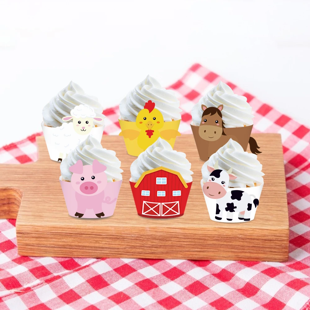 

24pcs Cartoon Farm Animals Dog Pig Baby Shower Party Happy BIRTHDAY Party Cupcake Wrappers Cake Borders Decorating Supplies