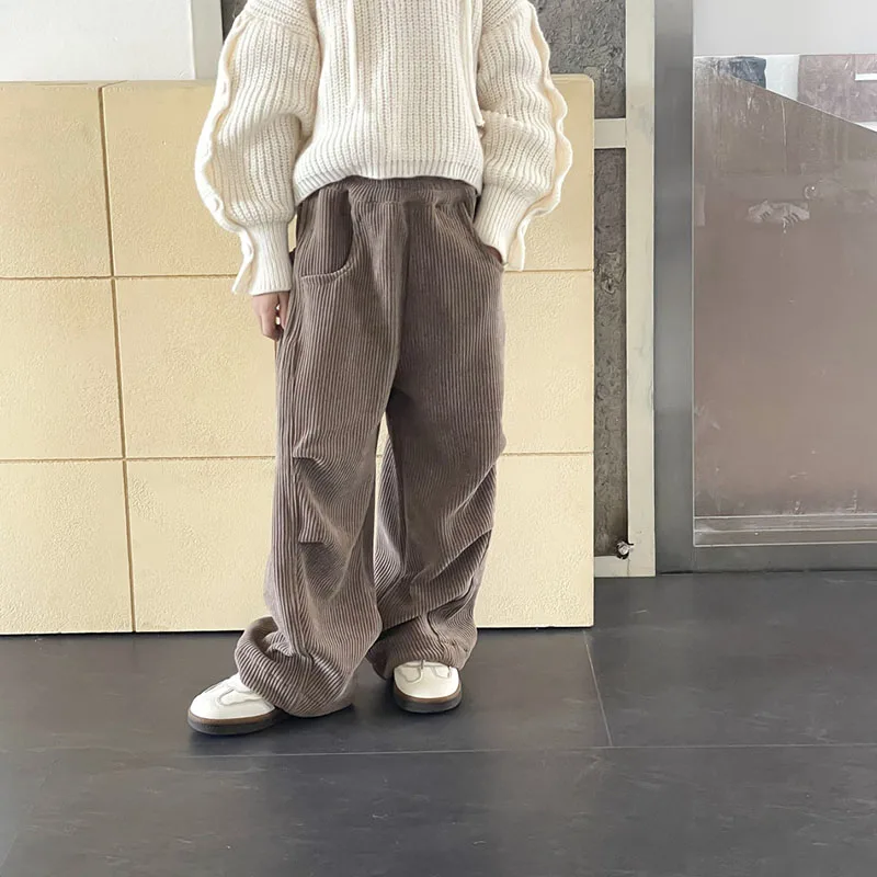 

Новые корейские широкие брюки для девочек на осень и зиму, детские свободные повседневные брюки из синели, прямые брюки 6-42