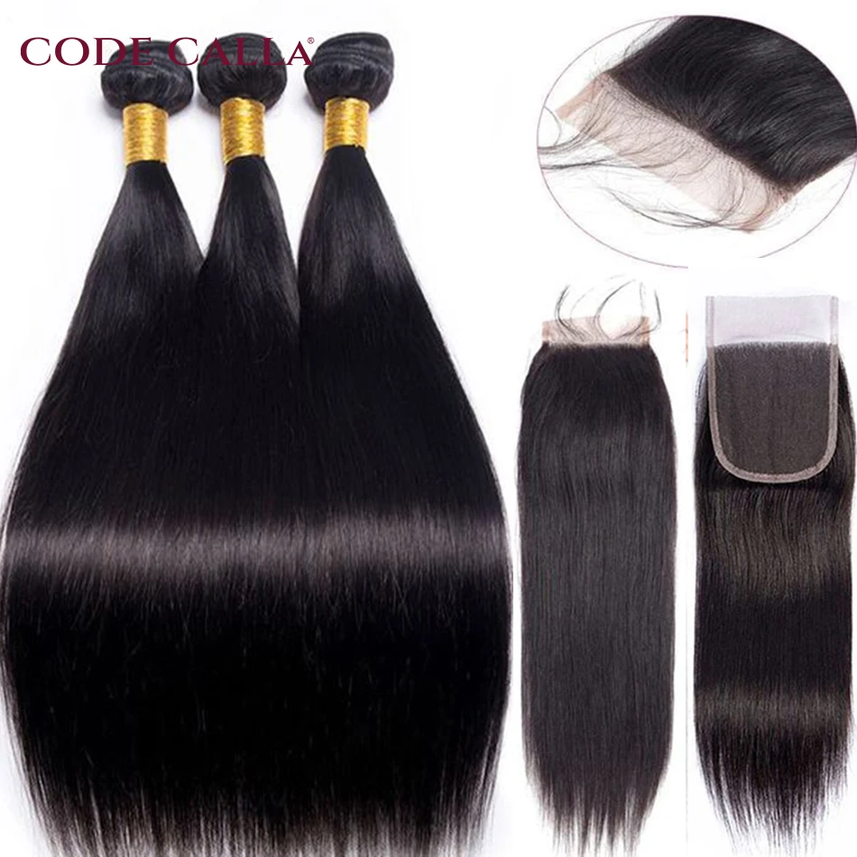 Straight Weave Bundles With Closure 4x4 Lace Part Closure With 3 4 Bundles Brazilian 100% Human Hair Extensions With Closure