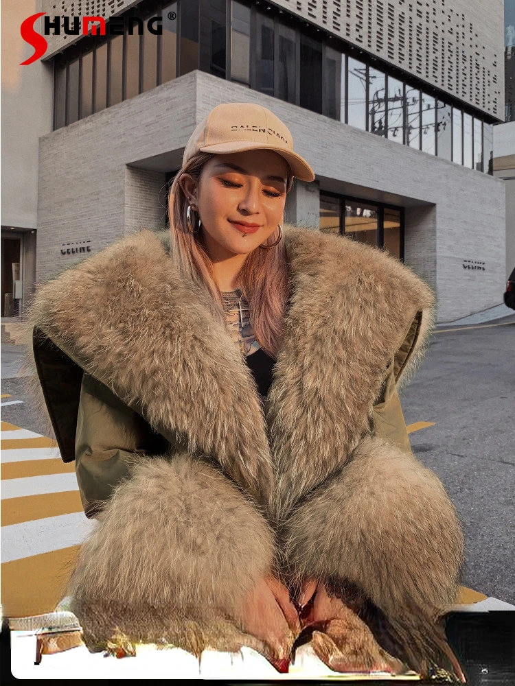 Mid-length Fox Fur Collar Warm Parka Coat Women's Winter Down Feather Liner Coats 2022 Long Sleeve Detachable Fox Fur Jackets