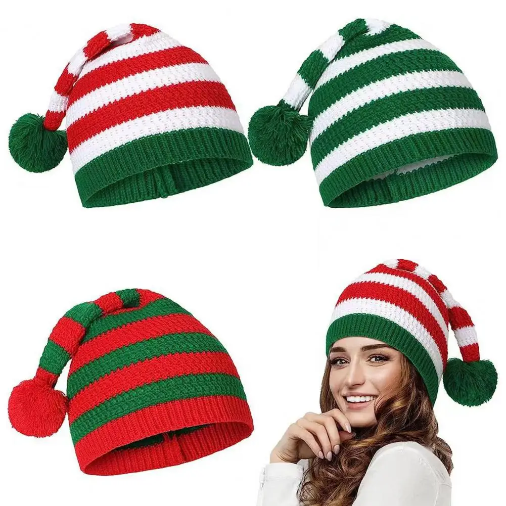 

Weather Knitted Hat Cozy Winter Santa Hat Knitted Striped Print Plush Ball Unisex Ear Protection Christmas Cap for Resistance