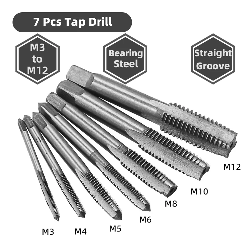 7/5pcs Male Thread Tap Set Metal Meters Drill Bit M3 M4 M5 M6 M8 M10 M12 Metric Impact Thread Plug Tap Mechanical Workshop Tools