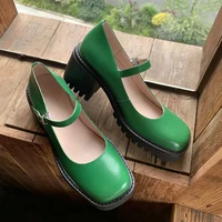 cow leather mary jane shoes fashion thick high heels shoes for women platform square toe shallow buckle ladies spring footwear