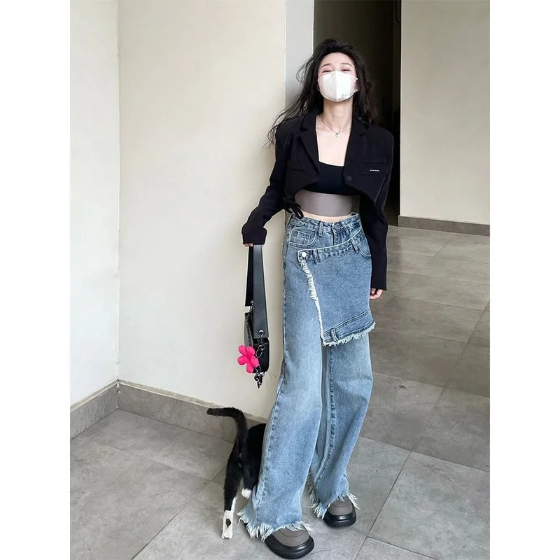 

Women's New Niche Design Irregular Jeans Women's Street All-match Casual Fashion Stitching Fake Two Hot Girls Straight Trousers