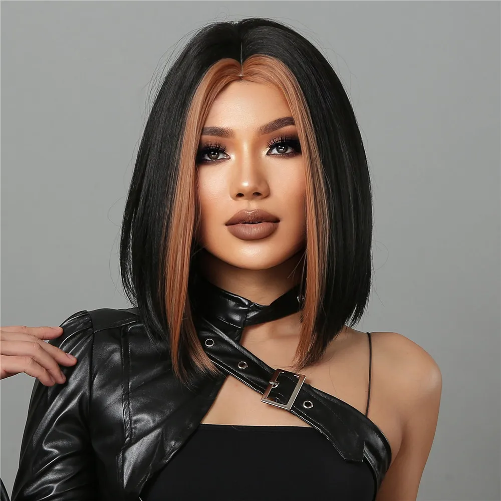 Black Dark Brown Synthetic Bob Wig Shoulder Length Golden Highlight Wigs for Women Afro Middle Part Wig Heat Resistant Fake Hair