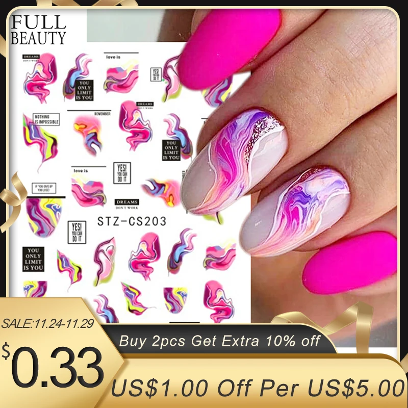 

3D Colurful Ink Blooming Marble Nails Decals Geometric French Metal Lines Sticker Letter Slider Nail Art Manicure CHSTZ-CS203