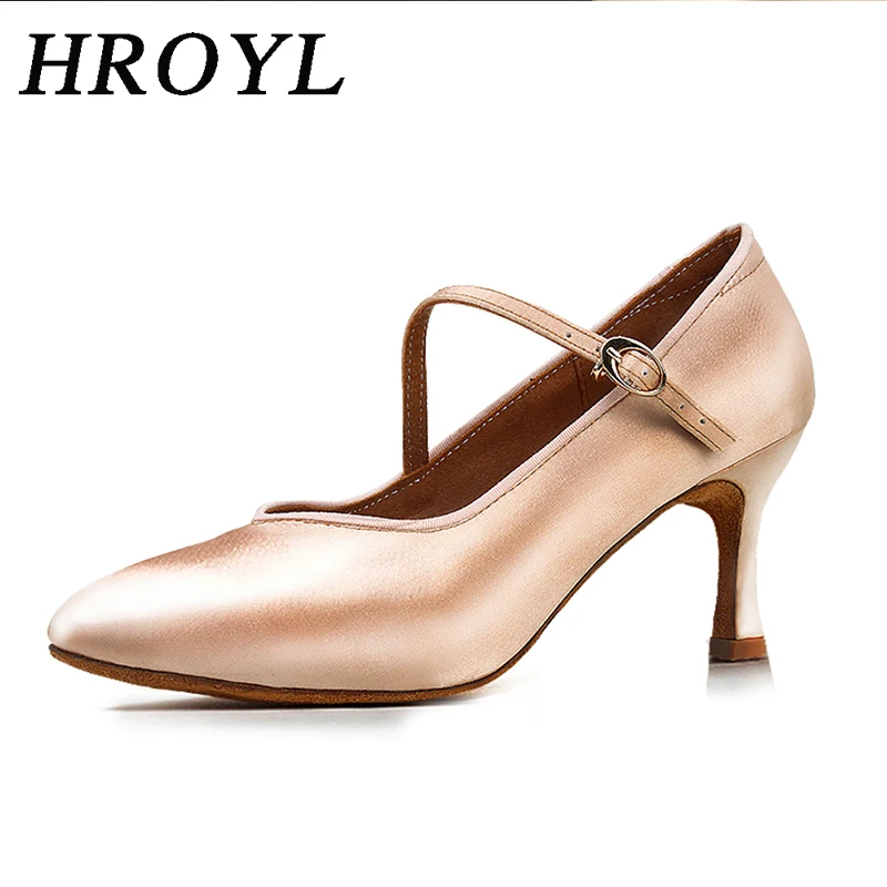 HROYL Latin Dance Shoes Women Closed Toe Ballroom Ladies Girls Cha Cha Tango Modern Dancing Shoes Sandals Silk Satin Indoor