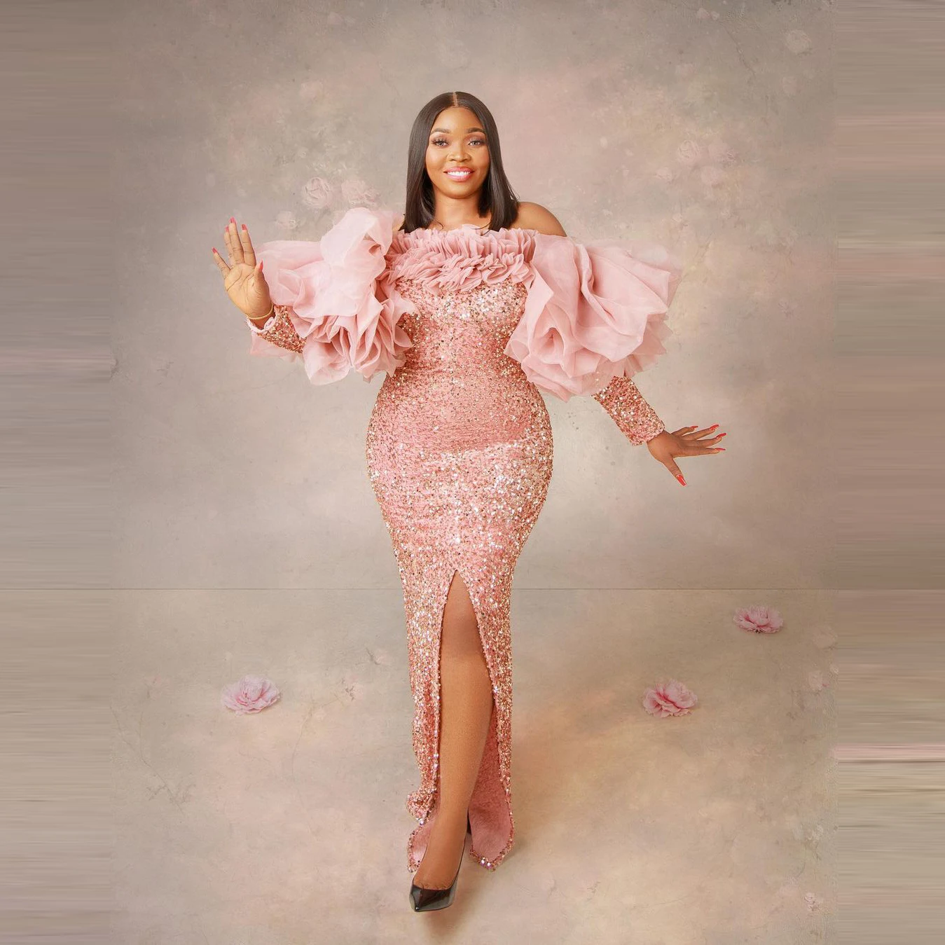 

Stunning Pink Sequin Prom Dresses Long Puffy Sleeves With Slit Mermaid Plus Size Aso Ebi Long Evening Gowns Custom Made