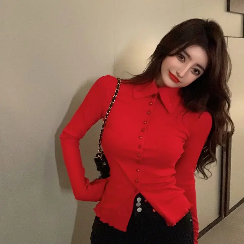Женская Облегающая рубашка элегантная и простая Сексуальная Базовая в Корейском