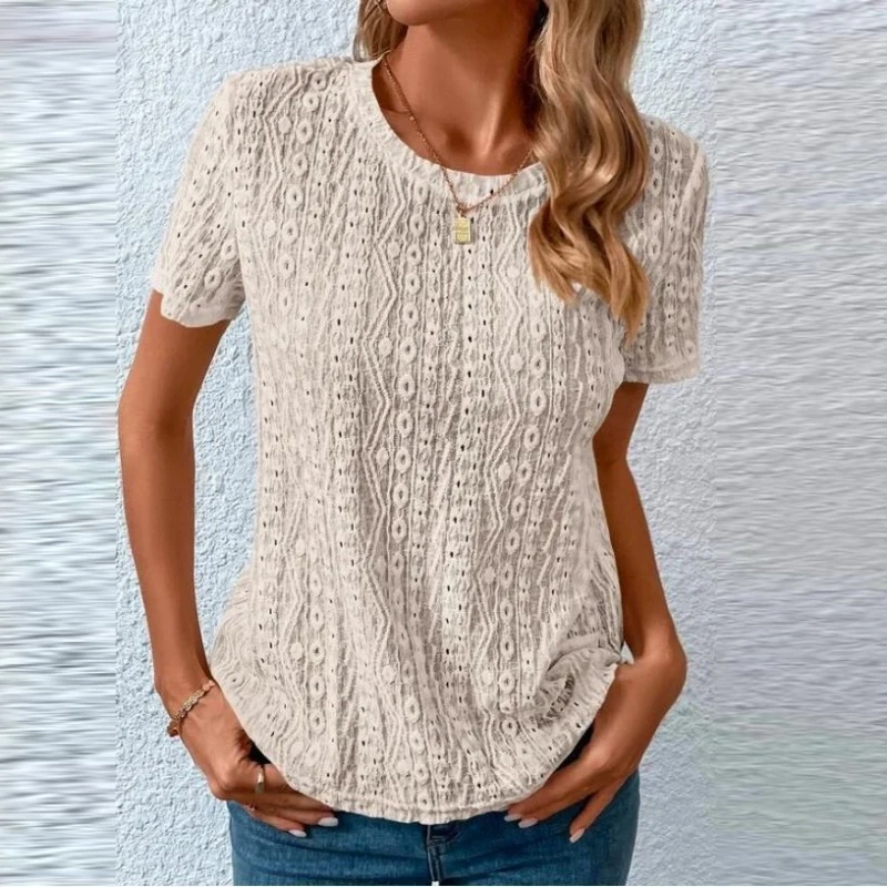 

New Women Blouses Summer Casual Round Collar Fashion Hollow Out Short Sleeve Shirt Solid Color Tops Loose Clothes Blusas 28316