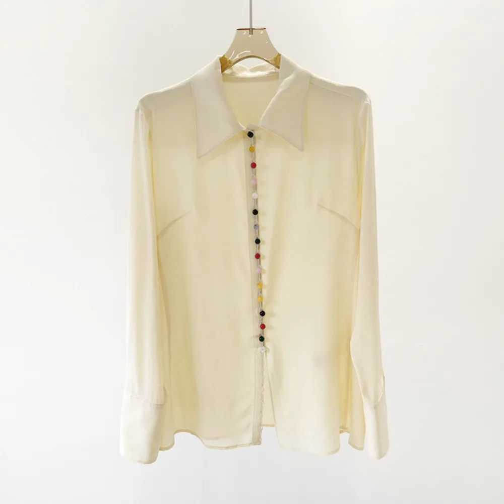 

2022 Spring Summer France Style Women's High Quality Color Pearl-button Silk Shirt Tops C148