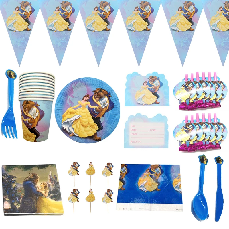 

127pcs/lot Beauty Beast Tablecloth Birthday Party Napkins Plates Cups Flags Banner Decorate Forks Invitation Card Spoon Blowouts
