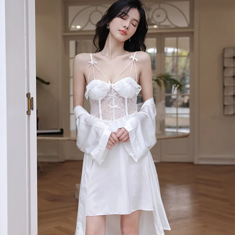 

Spring Summer 2PCS Robe Nightgown Set Patchwork Perspective Lace Women Sleepwear Kimono Bathrobe Gown Sexy Satin Home Dress Suit