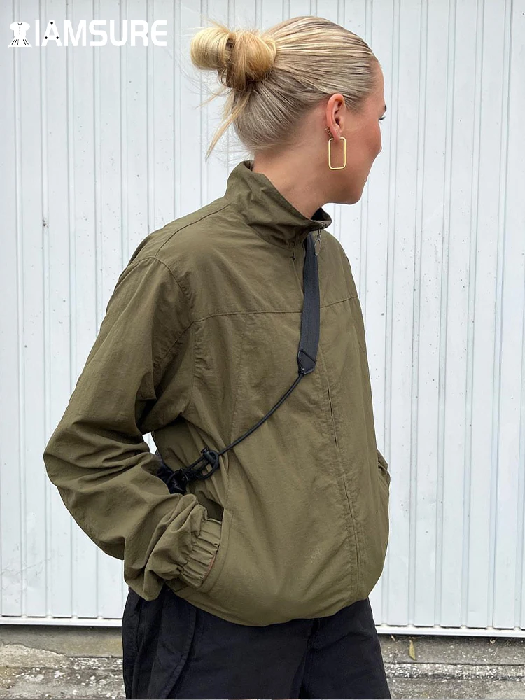 

IAMSURE Casual Streetwear Loose Solid Jackets Women 2022 Autumn Winter Stand Collar Long Sleeve Coats Fashion Japanese Style