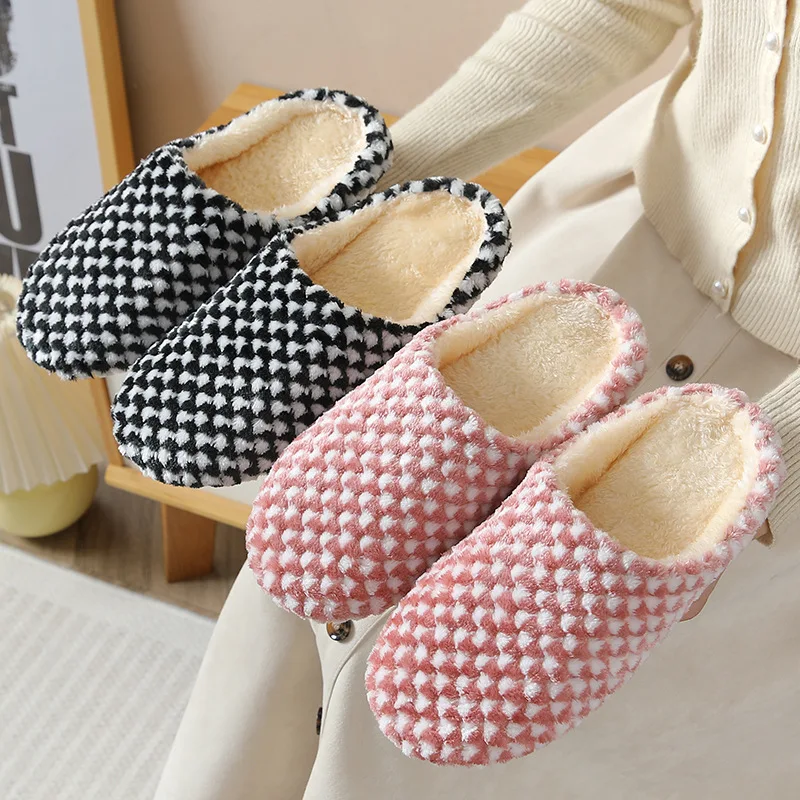 

Women Plush Slippers Winter Home Slippers Checkered Faux Fur Light Sole Plaid Shoes Couples Indoor Anti-slip Slipper Floor Shoes