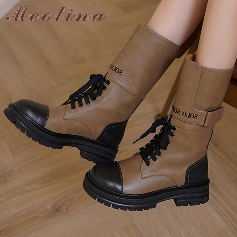 

Meotina Women Genuine Leather Ankle Motorcycle Boots Round Toe Thick Mid Heel Lace-up Ladies Short Boots Autumn Winter Shoes