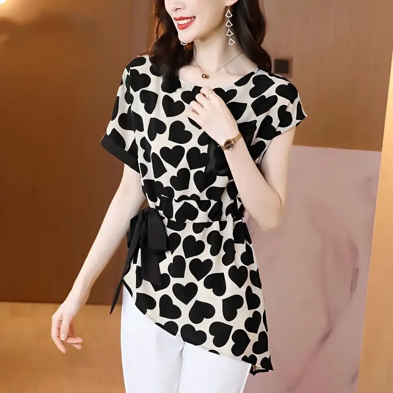 

Short Sleeve Chiffon Shirt Tops Ladies Summer Sleeveless Printing Irregular Blouse Elegant Fashion Women Clothing