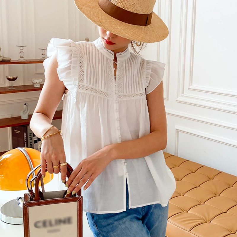 

Chic Elegant Summer Women Folds Blouse Vintage Casual Stand Collar Sleeveless Edible Tree Fungus White Shirts Fashion Blouses