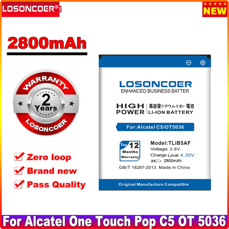 LOSONCOER 2800mAh TLiB5AF для Alcatel One Touch Pop C5 OT5036 OT5036D OT-5036 OT-5036D TCL S800 S710 997D OT-997 OT997 5037 LOSONCOER 2800mAh TLiB5AF для Alcatel One Touch Pop C5 OT5036 OT5036D OT-5036 OT-5036D TCL S800 S710 997D OT-997 OT997 5037