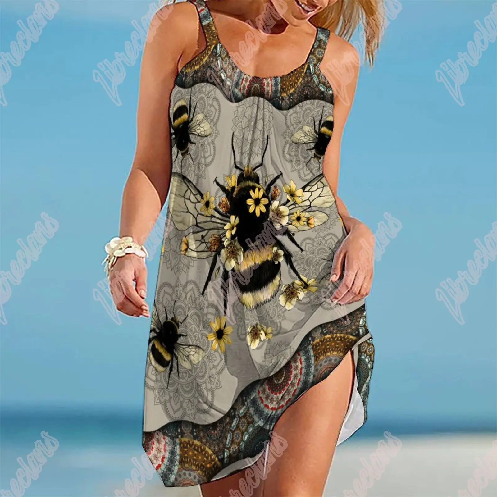 

Insect Cute Women Dresses 3D Print Vintage Honey Bee Girl Sling Midi Sundress Boho Beach Sleeveless Brand Streetwear Night Dress