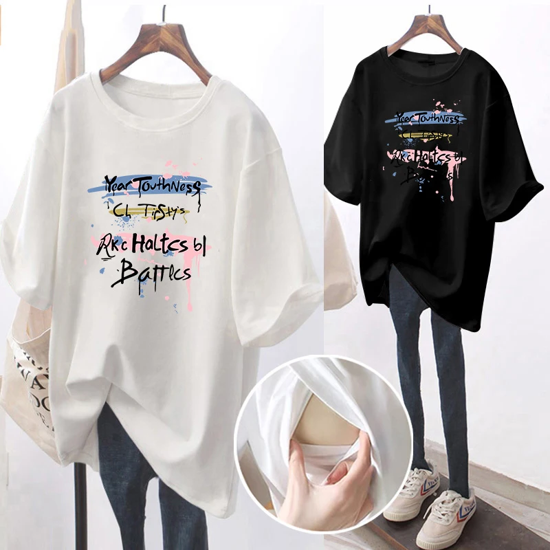 New Summer Outdoor Women Cotton Side Opening T-shirt Breastfeeding Clothing Cartoon Printed Ladies Loose Mid-length T-shirt