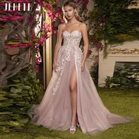 jeheth sexy pink strapless side split prom dress formal lace applique backless evening gowns long floor length robes de soir%c3%a9e