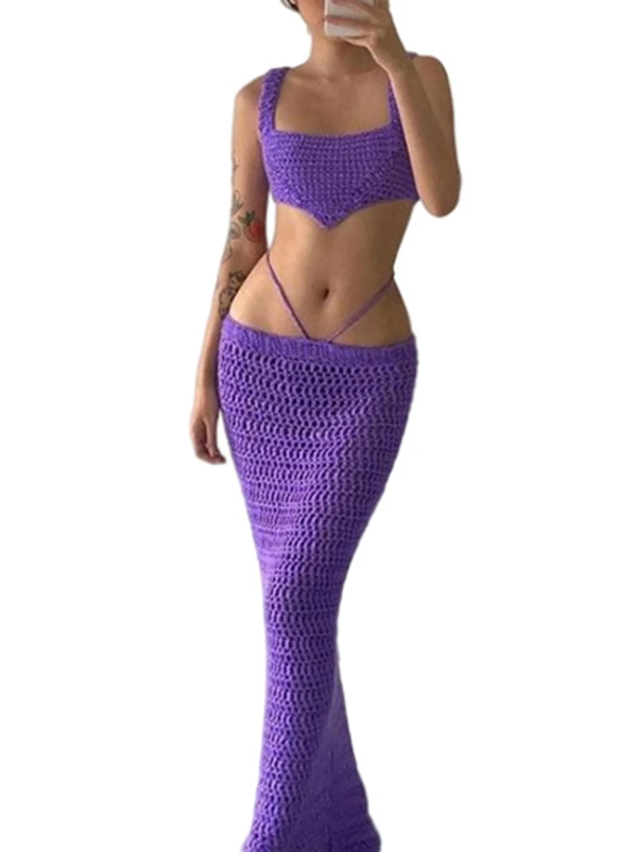 

Women Two Piece Knit Skirt Sets Long Sleeve Sexy Tank Crop Top and Bodycon Maxi Long Skirt Dress Outfits