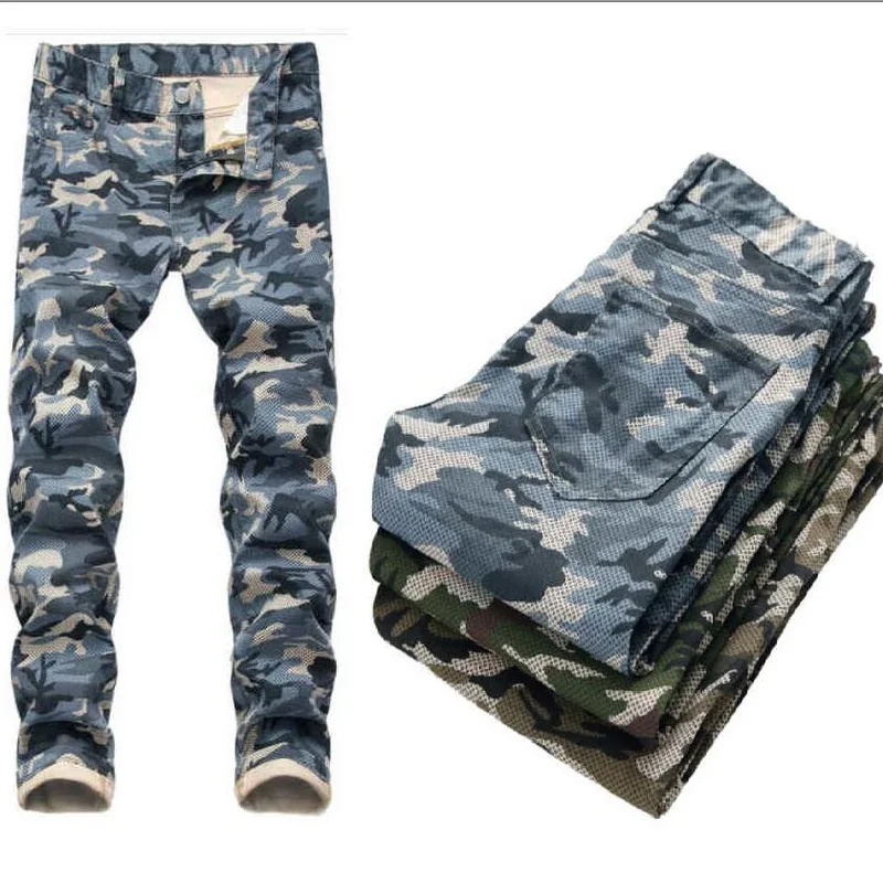 Men Jeans Camouflage Printing Jeans Straight Denim Pants Slim Fashion Denim Trousers Male Slim Fit Stretch Camo Jeans 6 Colors