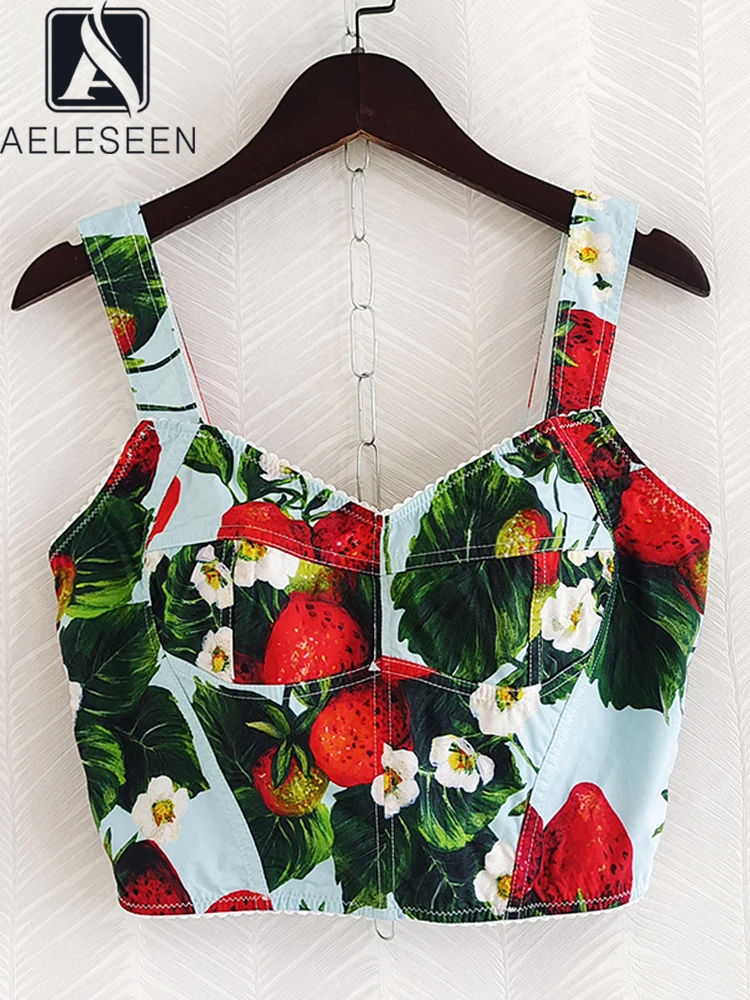 AELESEEN 100% Cotton Sicily Camis Corset Women Summer Runway Fashion Strawberry Printed Sexy Holiday Short Bustier Poplin