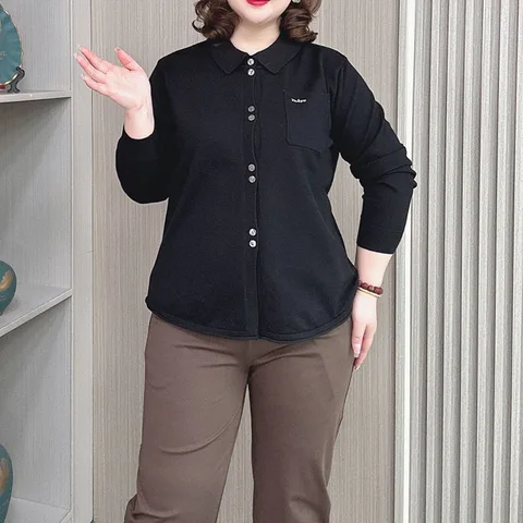 Женский вязаный кардиган с отложным воротником, повседневный свободный джемпер большого размера с вышивкой и карманами, модель 2024 на осень и зиму, 4045