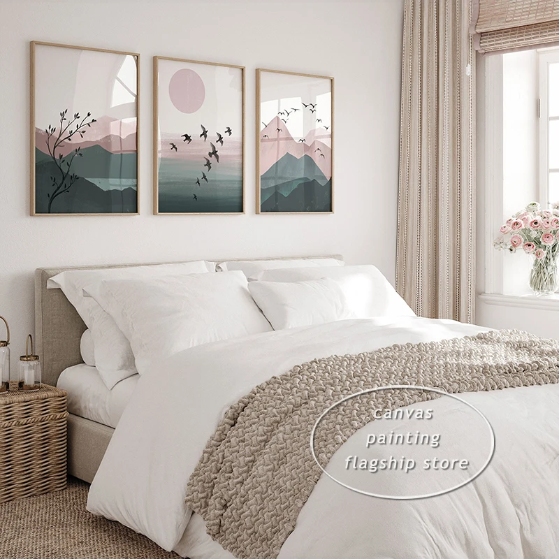 Акварельные бриды Природный Горный пейзаж абстрактный постер Зеленый Розовый